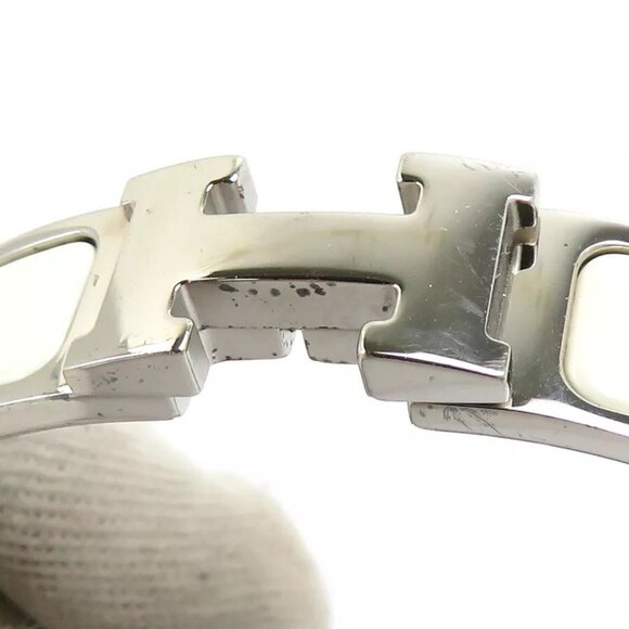 Auth HERMES Clic Clac H Bangle Bracelet Silver/Off White Metal/Enamel - Picture 14 of 16